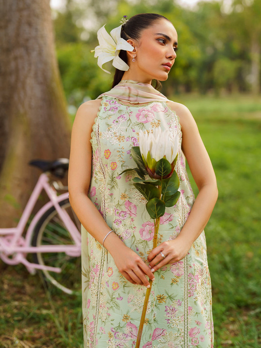 3PC-Printed Lawn Shirt With Voile Printed Dupatta-1547