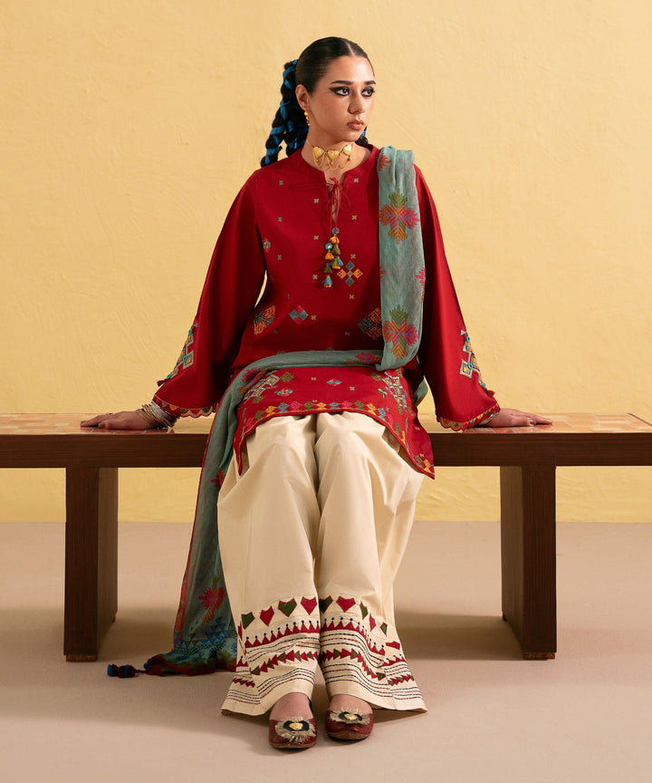 Dhanak-3PC Embroidered Shirt with Digital Printed Wool Shawl -3438