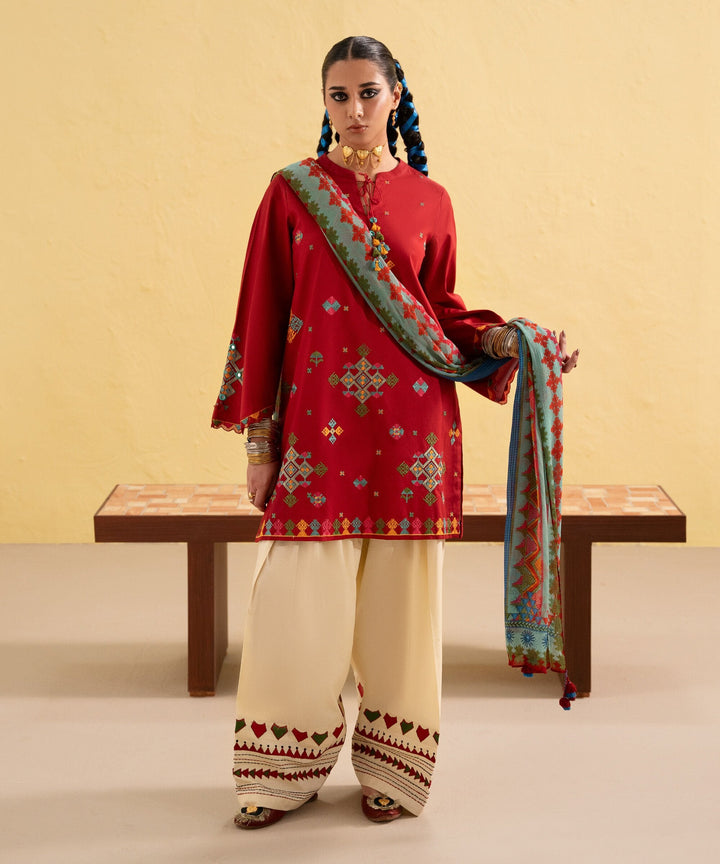 Dhanak-3PC Embroidered Shirt with Digital Printed Wool Shawl -3438
