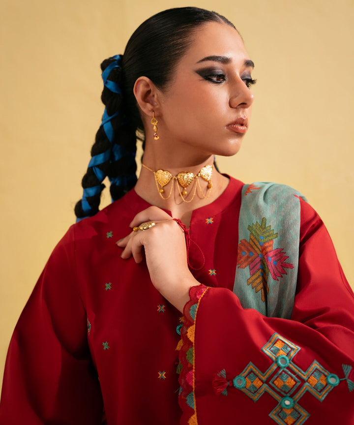 Dhanak-3PC Embroidered Shirt with Digital Printed Wool Shawl -3438