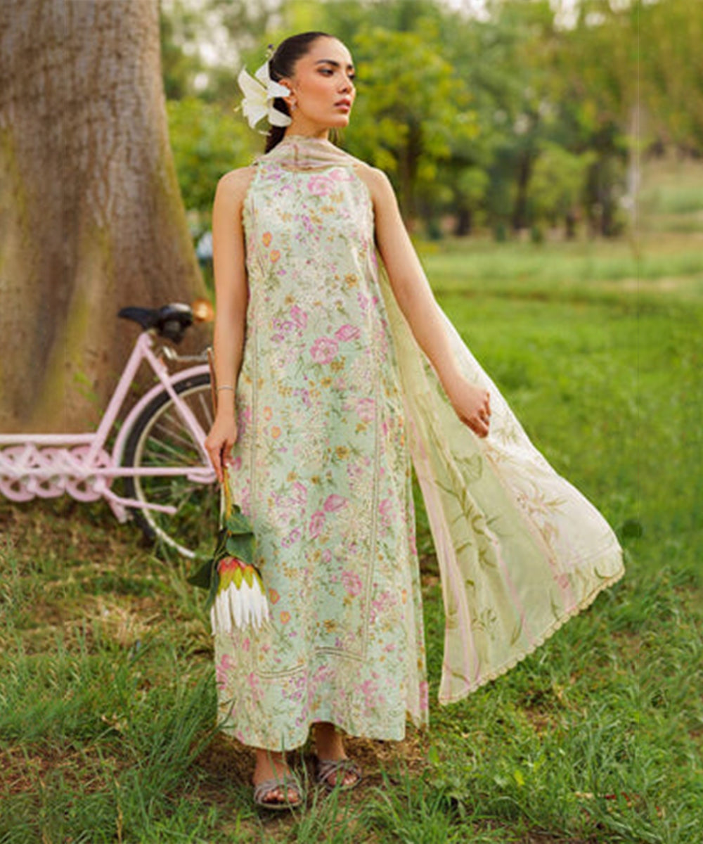 3PC-Printed Lawn Shirt With Voile Printed Dupatta-1547