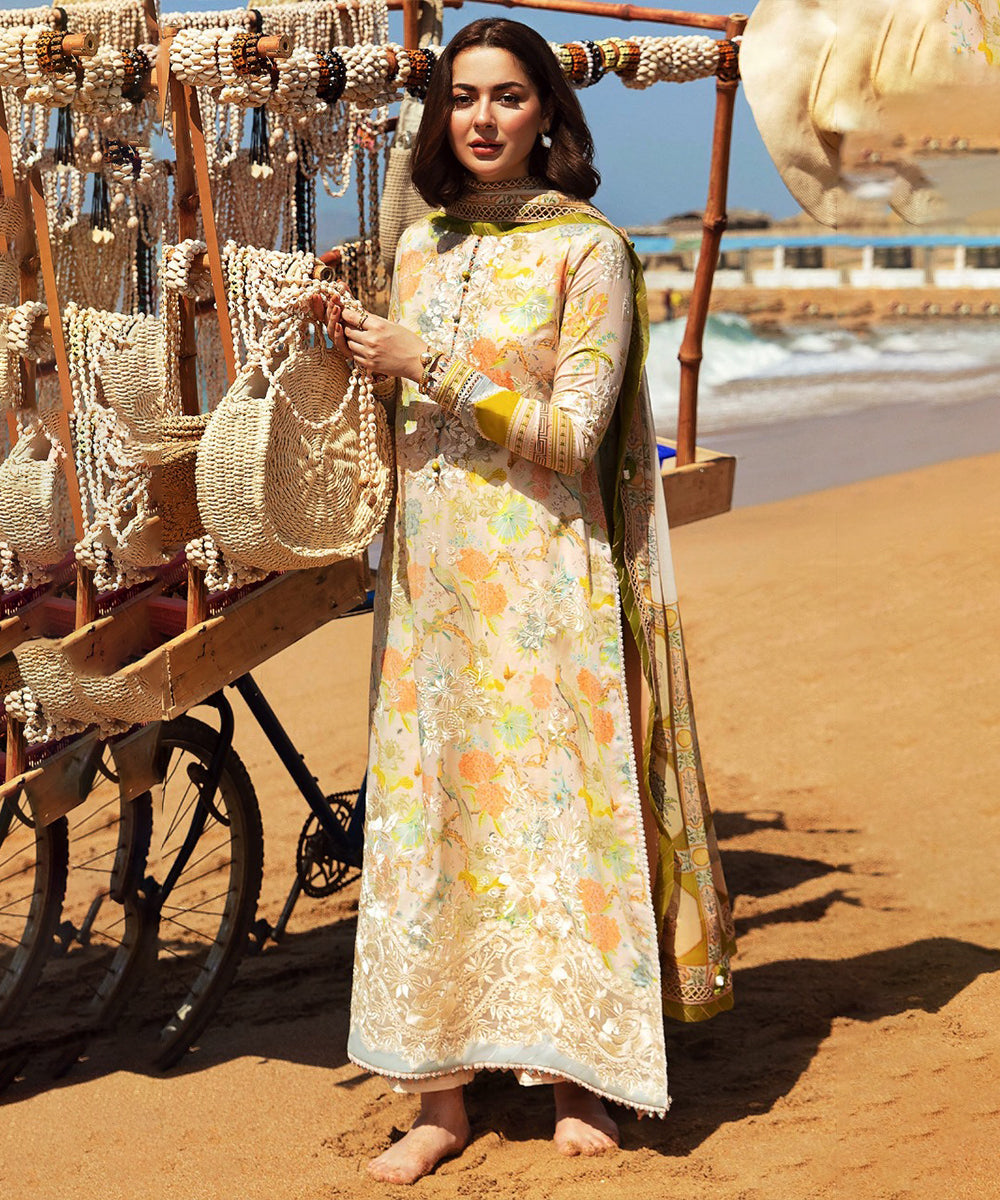 3PC-Printed Lawn Shirt With Voile Printed Dupatta-1545