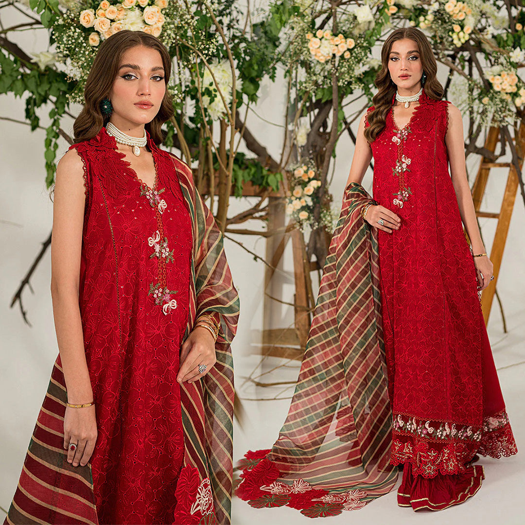 MUSHQ 3PC Chikankari Embroidered With Digital Printed Organza Dupatta-111