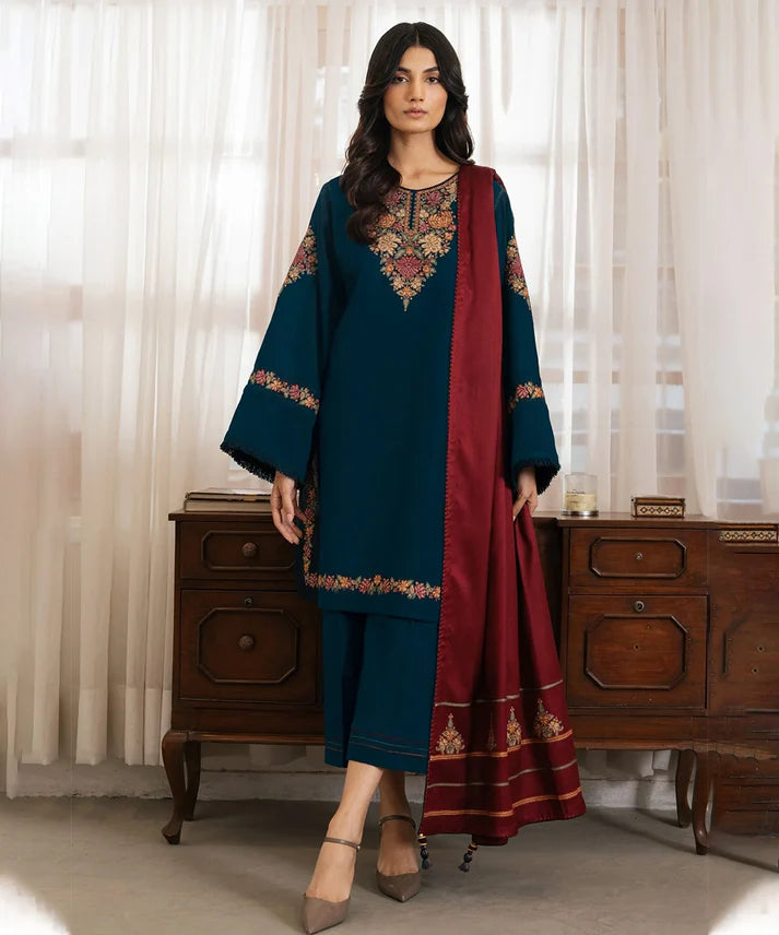 Dhanak-3PC Embroidered Shirt with Digital Printed Wool Shawl - 3495