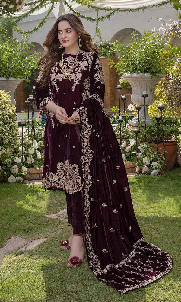 Velvet-3pc Embroidered with Organza Embroidered Dupatta-955