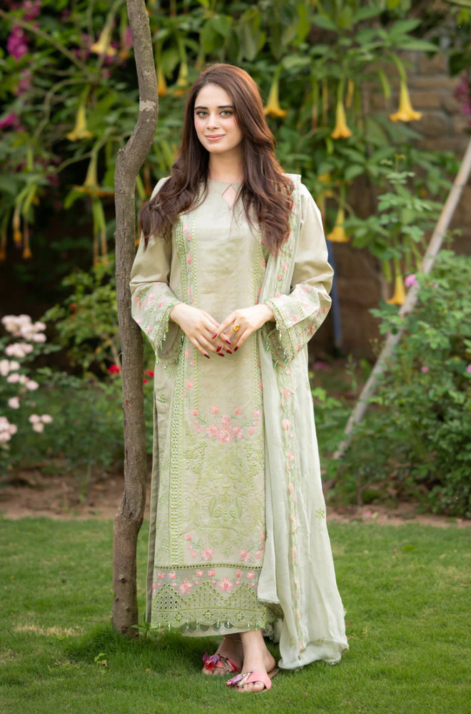 Dhanak-3PC Embroidered Shirt with Organza Embroidered Dupatta- 3386