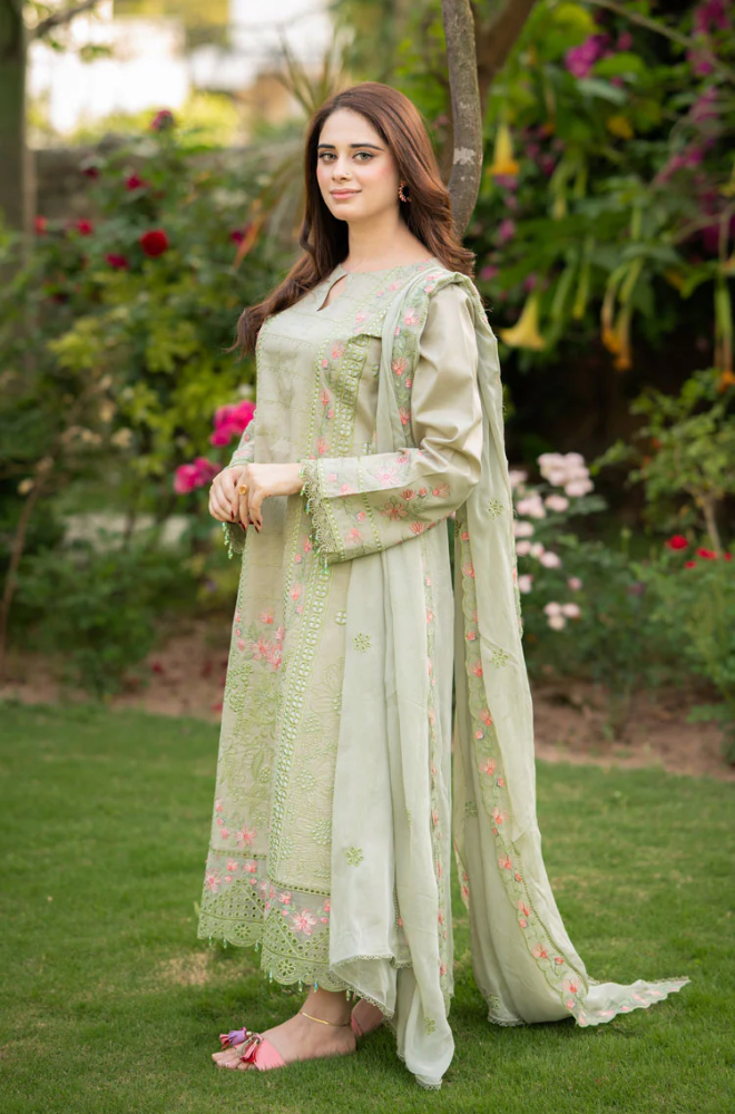 Dhanak-3PC Embroidered Shirt with Organza Embroidered Dupatta- 3386