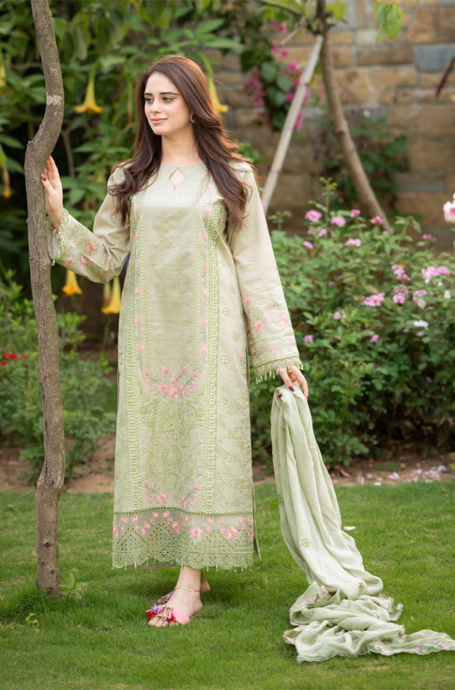Dhanak-3PC Embroidered Shirt with Organza Embroidered Dupatta- 3386