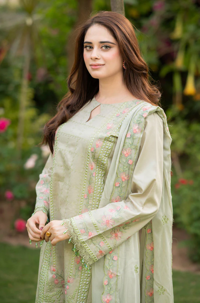 Dhanak-3PC Embroidered Shirt with Organza Embroidered Dupatta- 3386