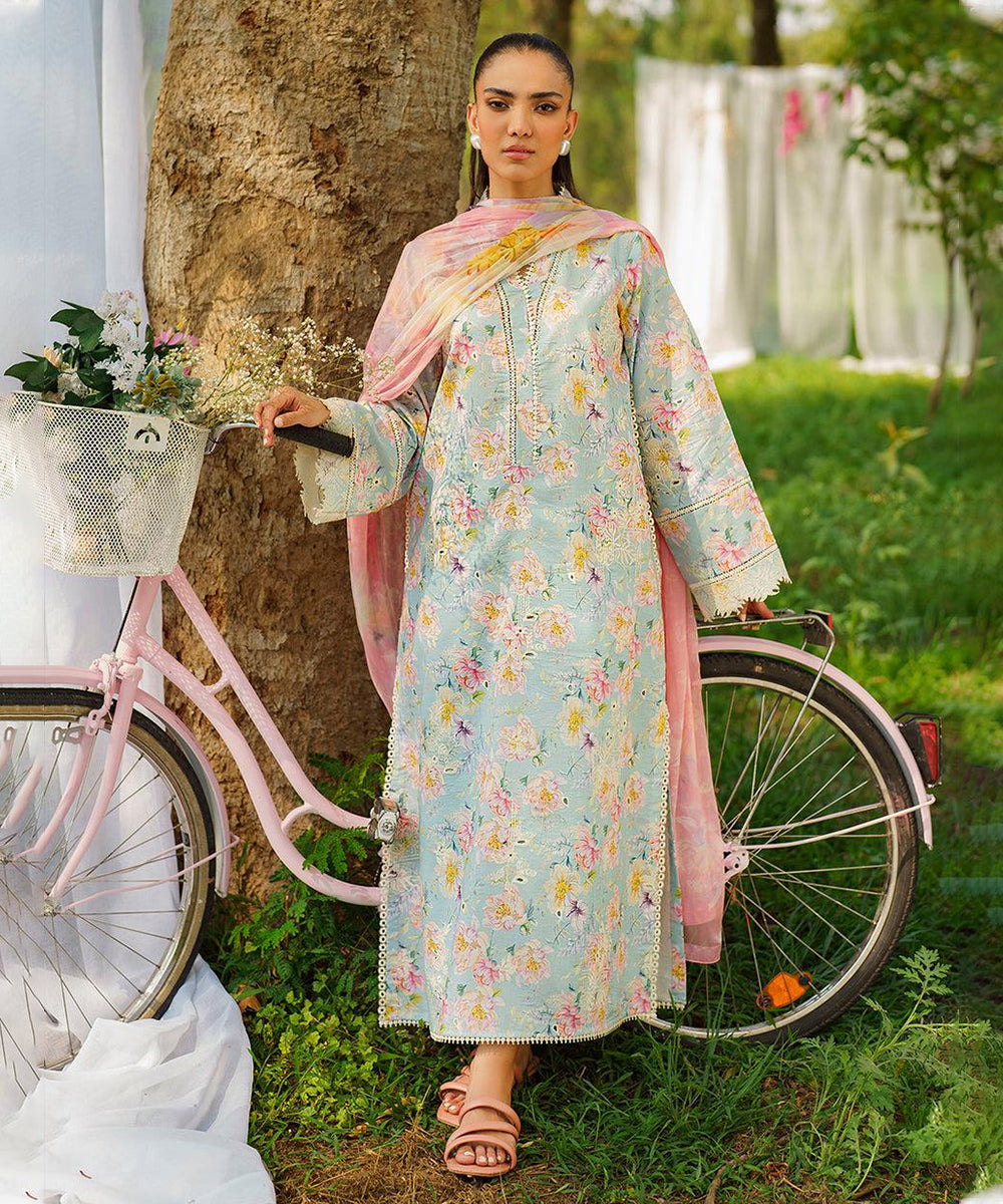 3PC-Printed Lawn Shirt With Voile Printed Dupatta-1548