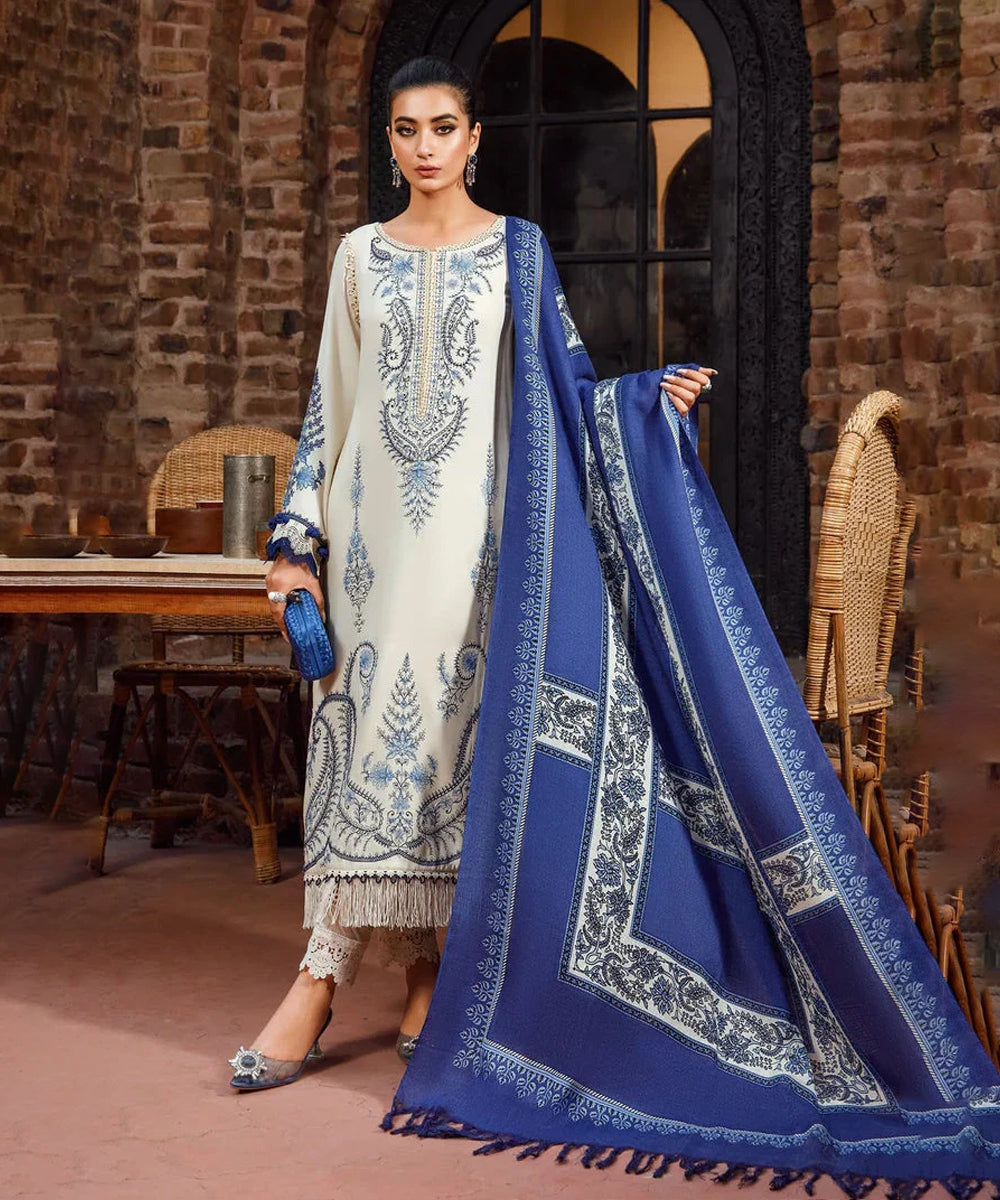 Dhanak-3PC Embroidered Shirt with Digital Printed Wool Shawl - 3428