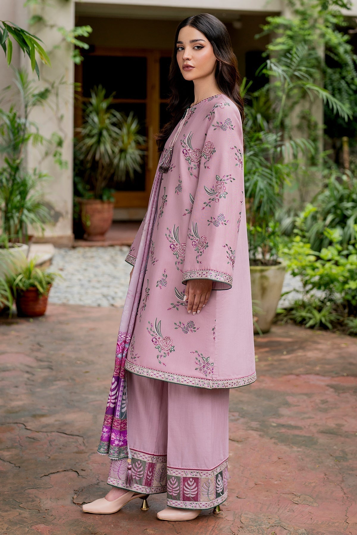 JAZMIN  3PC Dhanak Embroidered Shirt With Digital Printed Shawl-288