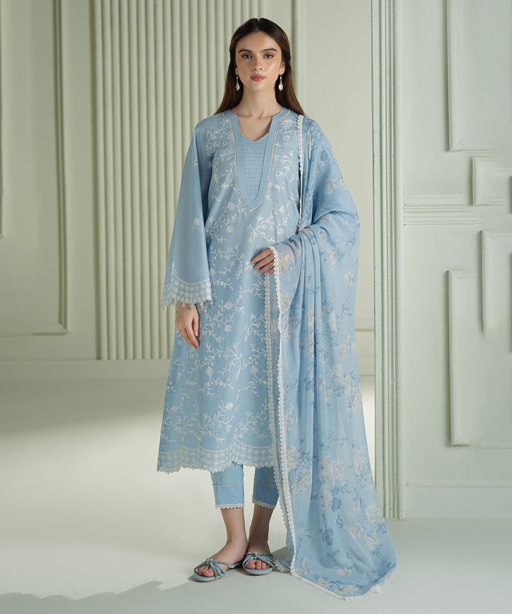 Lawn-3PC Embroidered Shirt with Digital Printed Jacquard Dupatta-1366