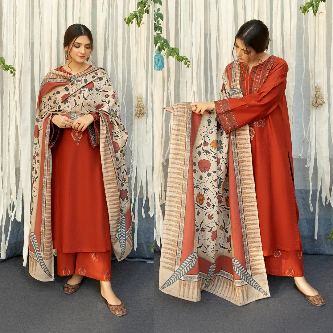 URGE 3PC Dhanak Embroidered With Digital Printed Shawl-651