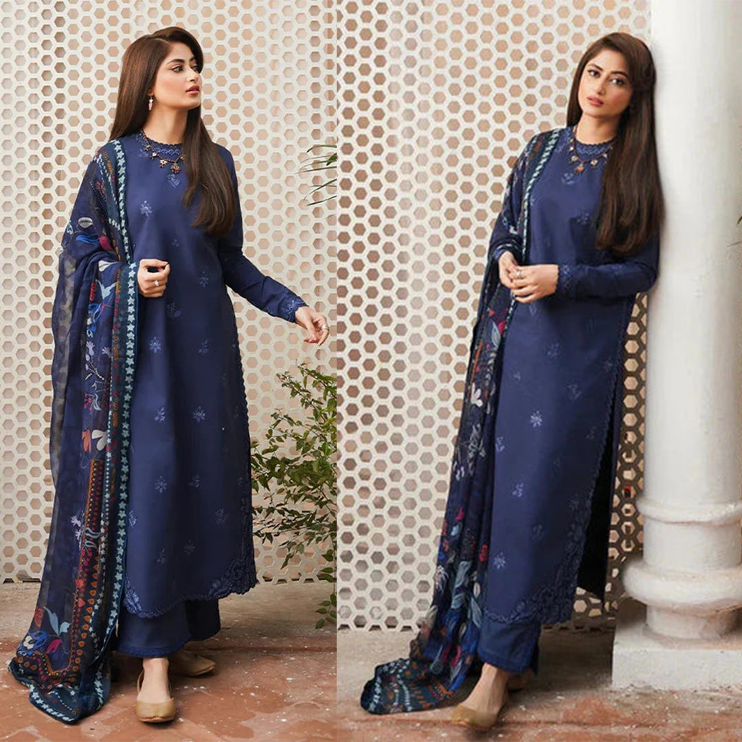 SERAN 3PC DHANAK EMBROIDERED SHIRT WITH PRINTED WOOL SHAWL-666