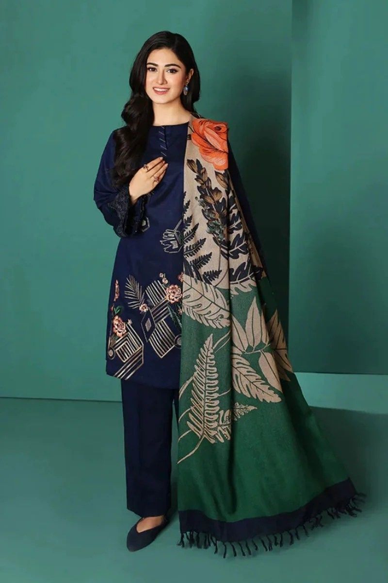 Dhanak-3PC Embroidered Shirt with Digital Printed Wool Shawl - 3208