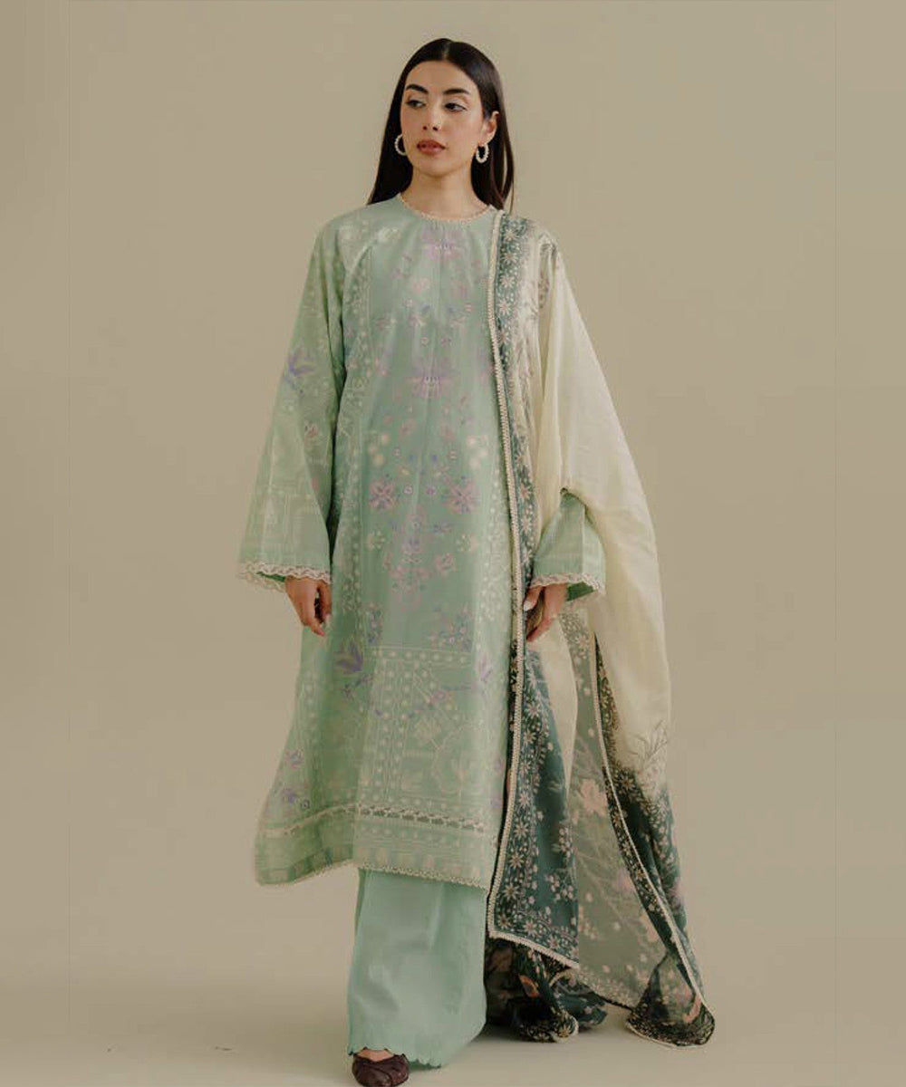 Lawn-3PC Embroidered Shirt with Digital Printed Jacquard Dupatta-1388