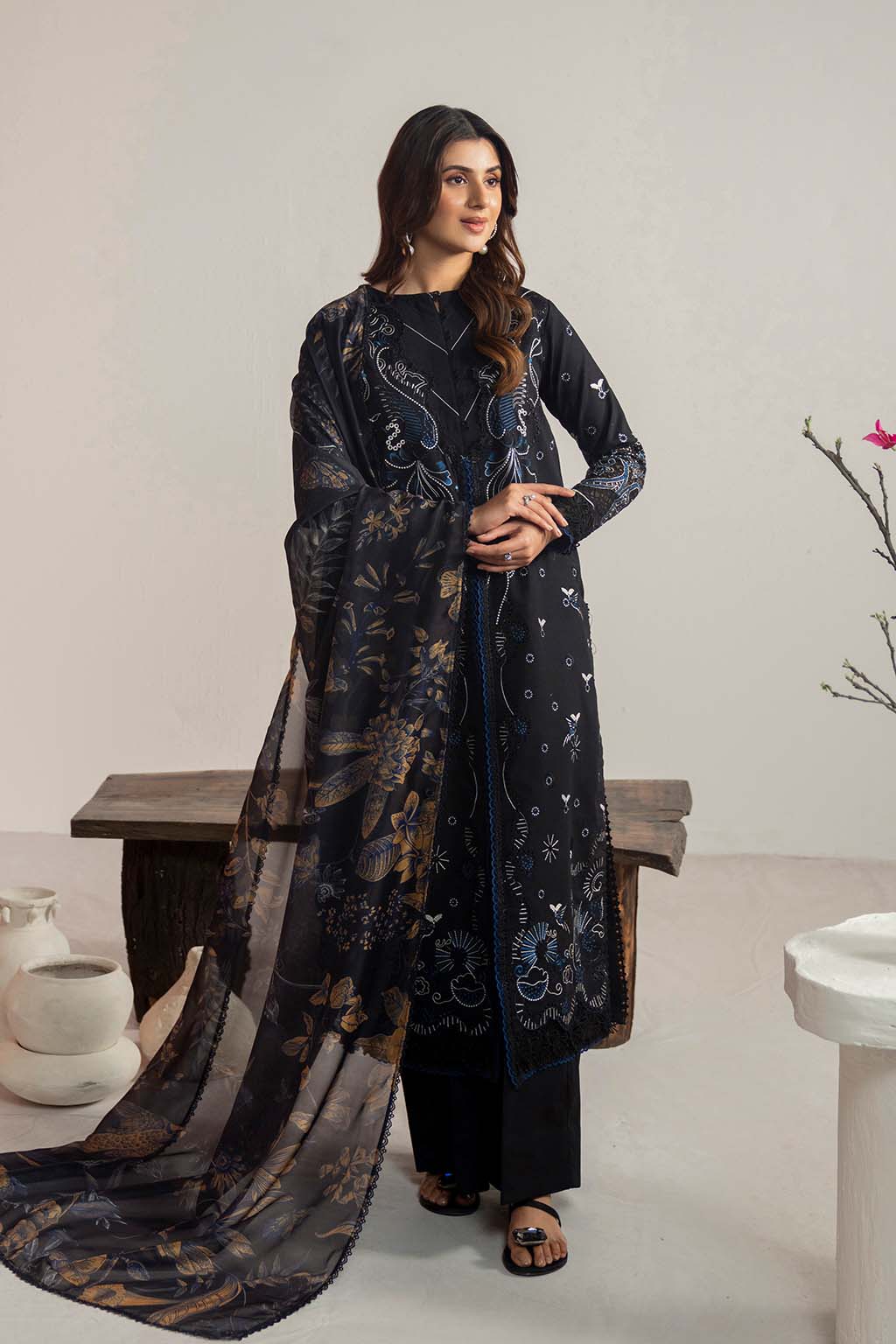 Dhanak-3PC Embroidered Shirt with Digital Printed Wool Shawl- 3365