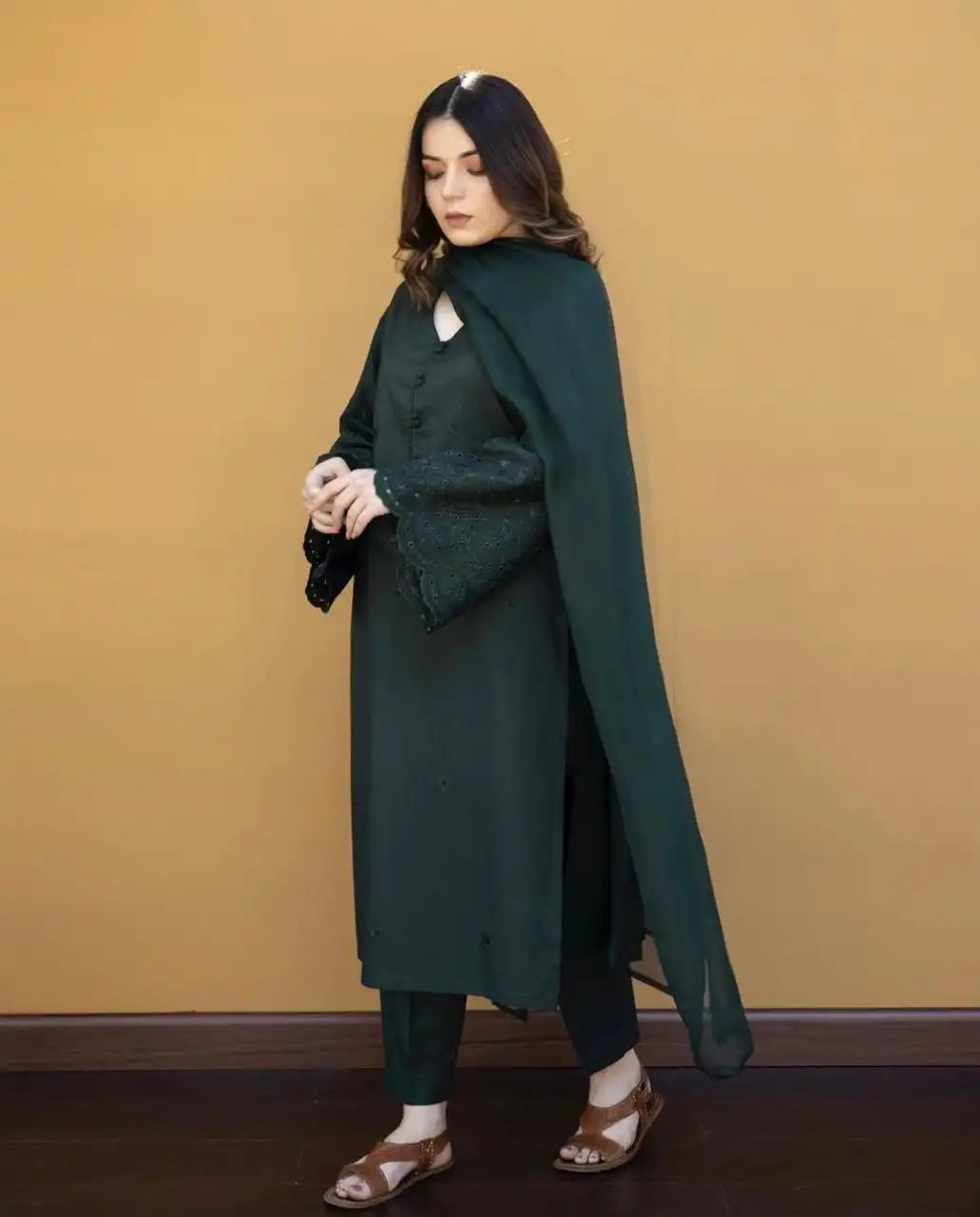 Dhanak-3PC Embroidered Shirt with Chiffon Plain Dyed Dupatta-361