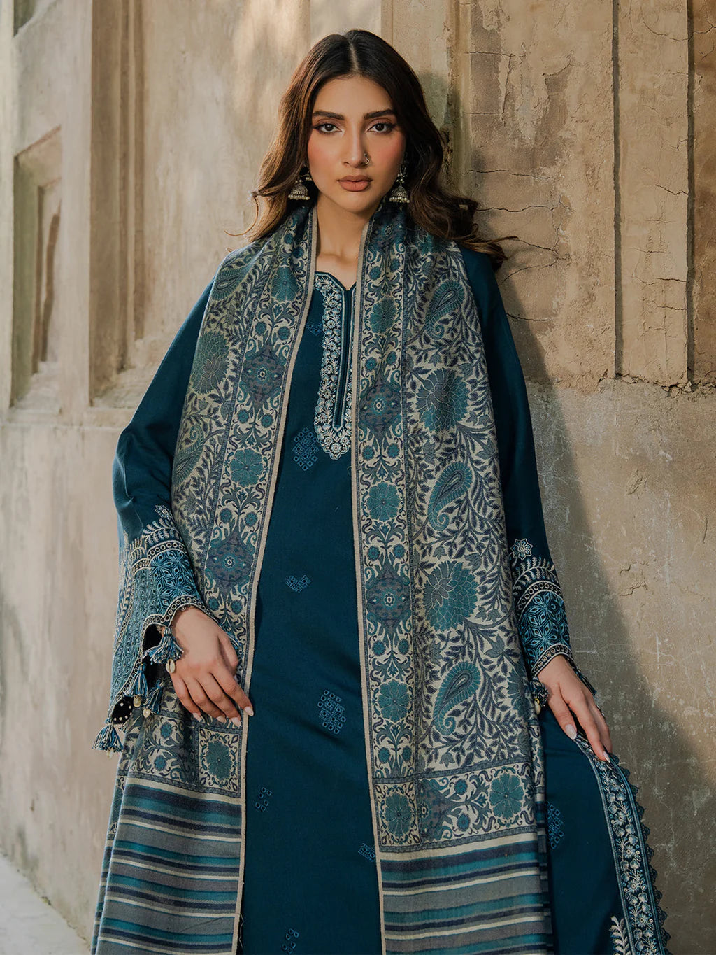 Dhanak-3PC Embroidered Shirt with Digital Printed Wool Shawl - 3544