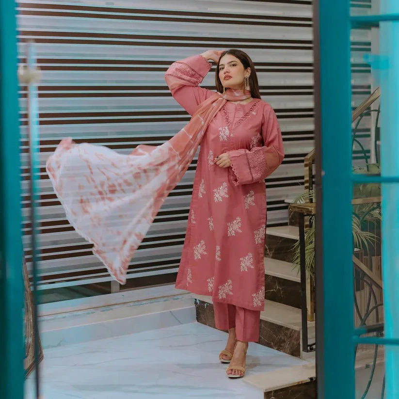 Dhanak-3PC Embroidered Shirt with Digital Printed Wool Shawl - 3330