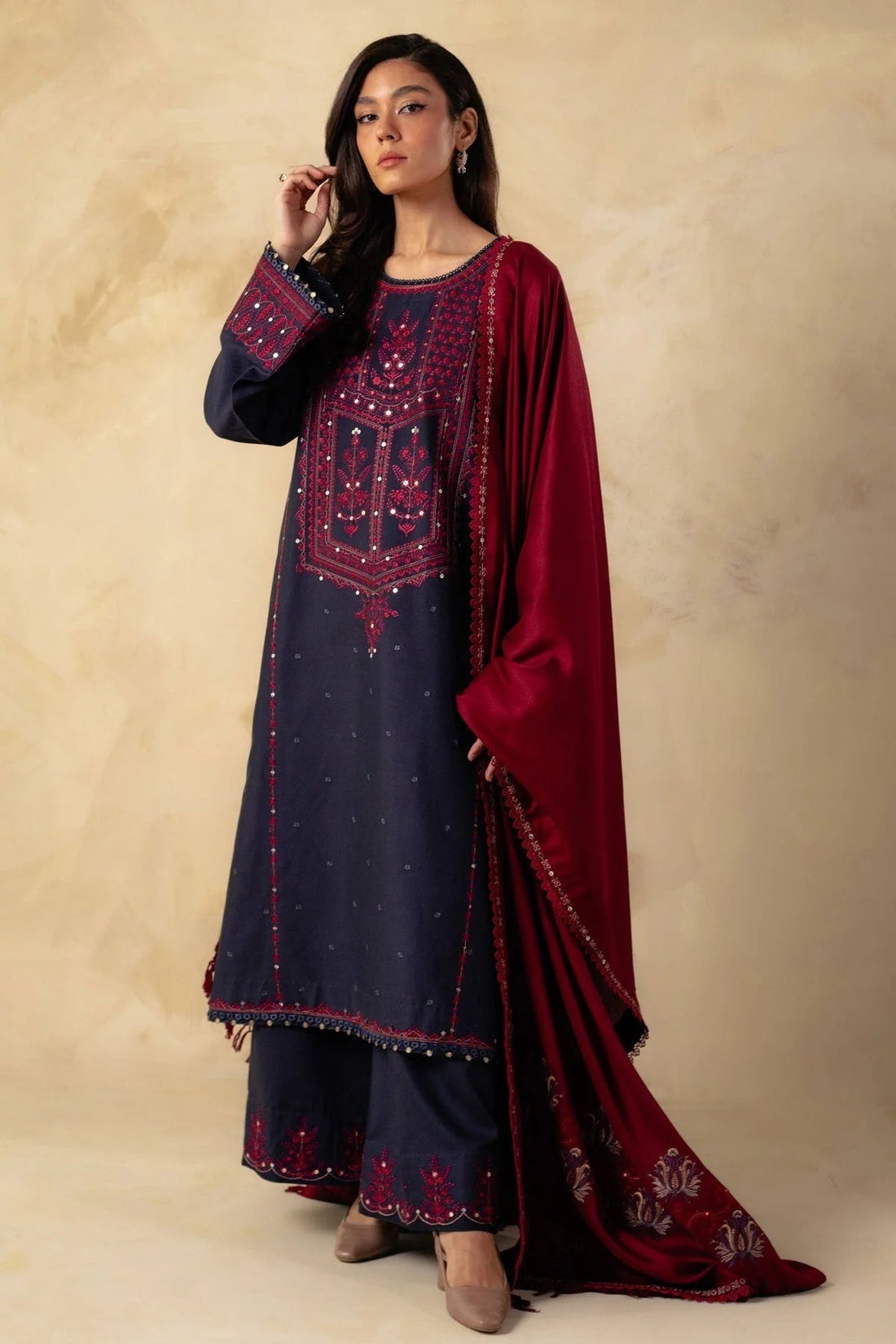 Zara Shahjahan Dhanak 3PC Sequence Embroidered With Dhanak Embroidered Dupatta-655