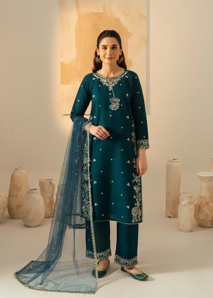 Dhanak-3PC Embroidered Shirt with Chiffon Embroidered Dupatta - 3531